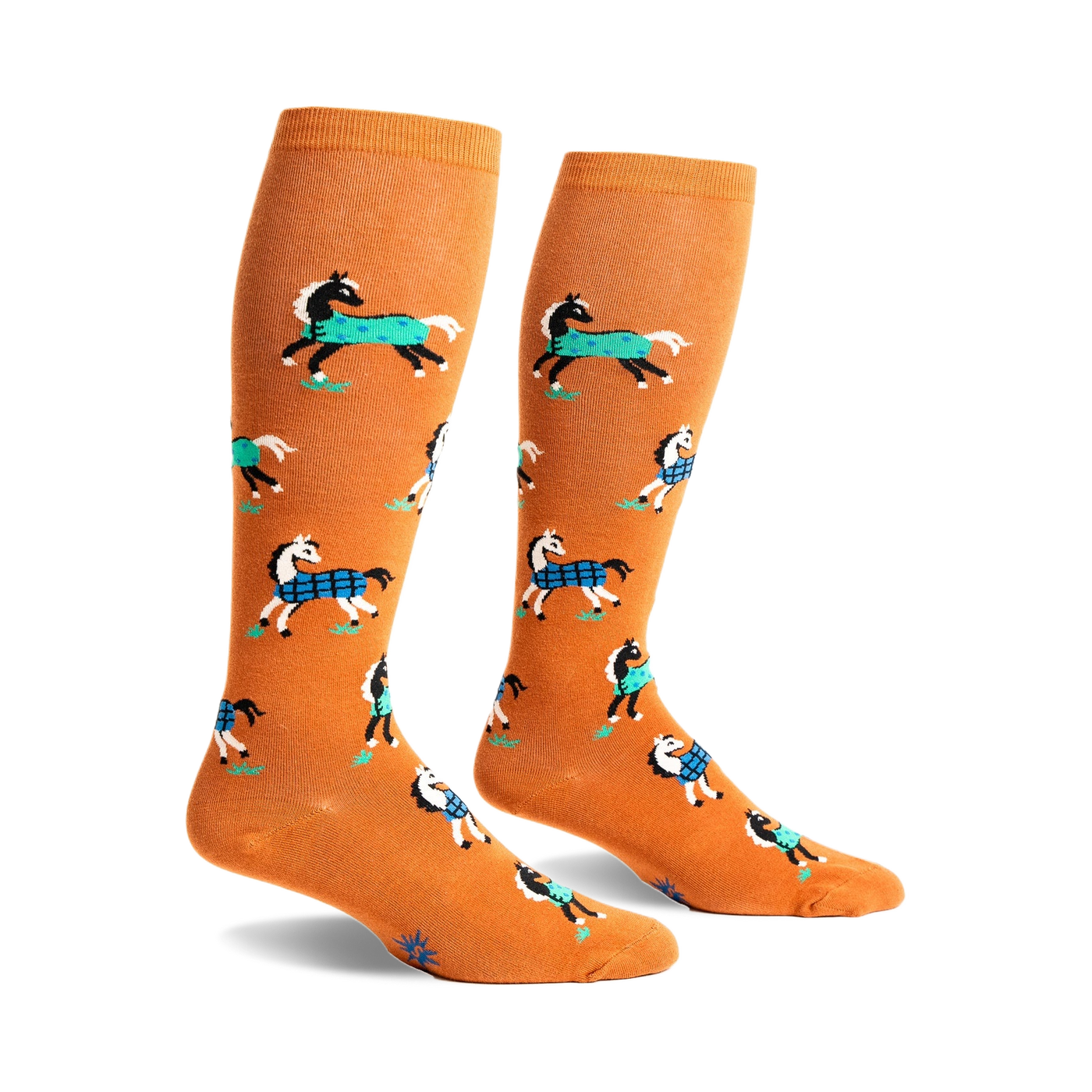 Pair of mustard yellow knee-high socks with a repeating pattern of horses wearing blue and black plaid blankets.