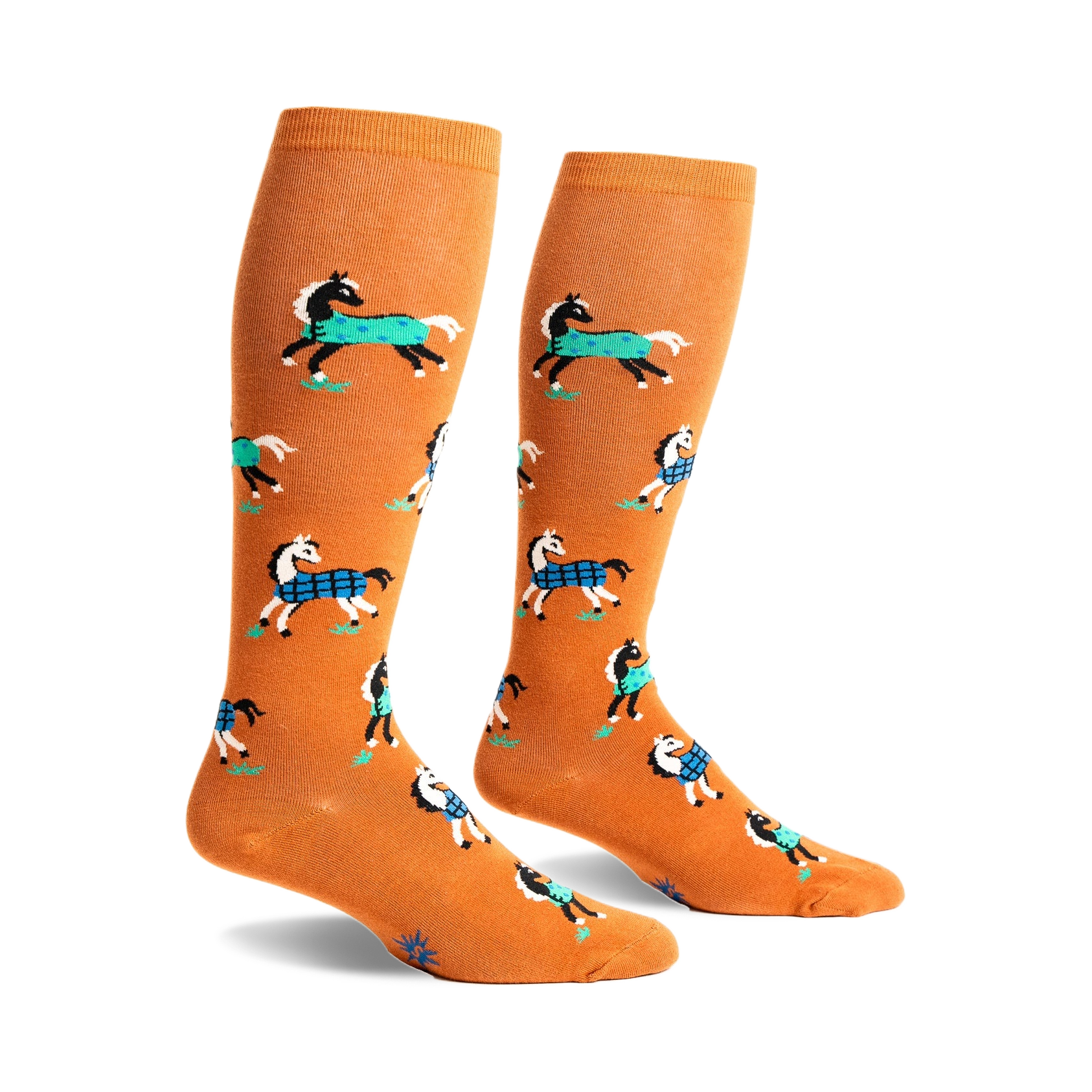 Pair of mustard yellow knee-high socks with a repeating pattern of horses wearing blue and black plaid blankets.