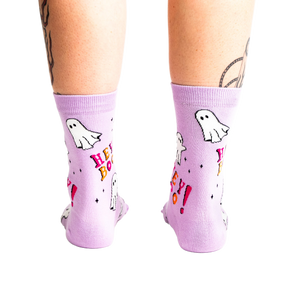 A back view of a person's legs wearing the light lavender ghost 