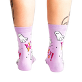 A back view of a person's legs wearing the light lavender ghost "Hey Boo!" crew socks, showing the heel and calf.