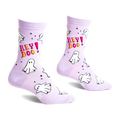 A pair of light lavender crew socks featuring white cartoon ghosts, pink and orange "HEY BOO!" text, and small black stars.