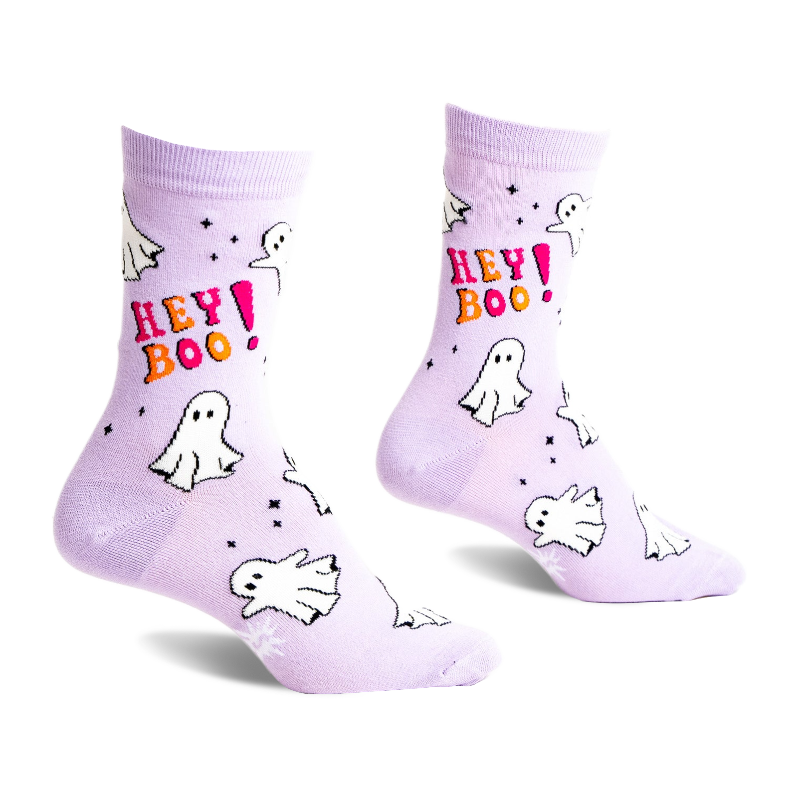 A pair of light lavender crew socks featuring white cartoon ghosts, pink and orange "HEY BOO!" text, and small black stars.