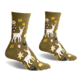Olive green crew socks with a whimsical design featuring white deer, mushrooms, flowers, and leaves.