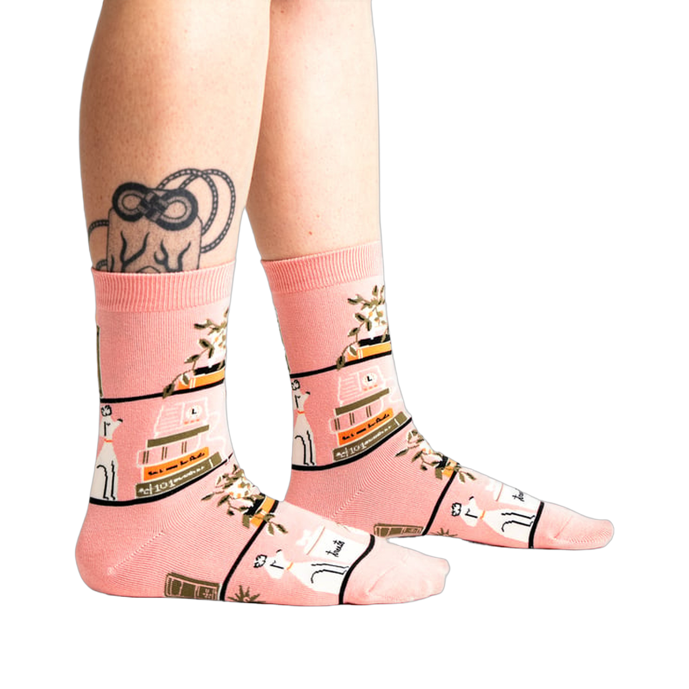 Lifestyle shot of 'A Novel Idea' socks on a person's legs, showing how the socks look when worn.