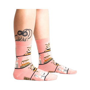 Lifestyle shot of 'A Novel Idea' socks on a person's legs, showing how the socks look when worn.