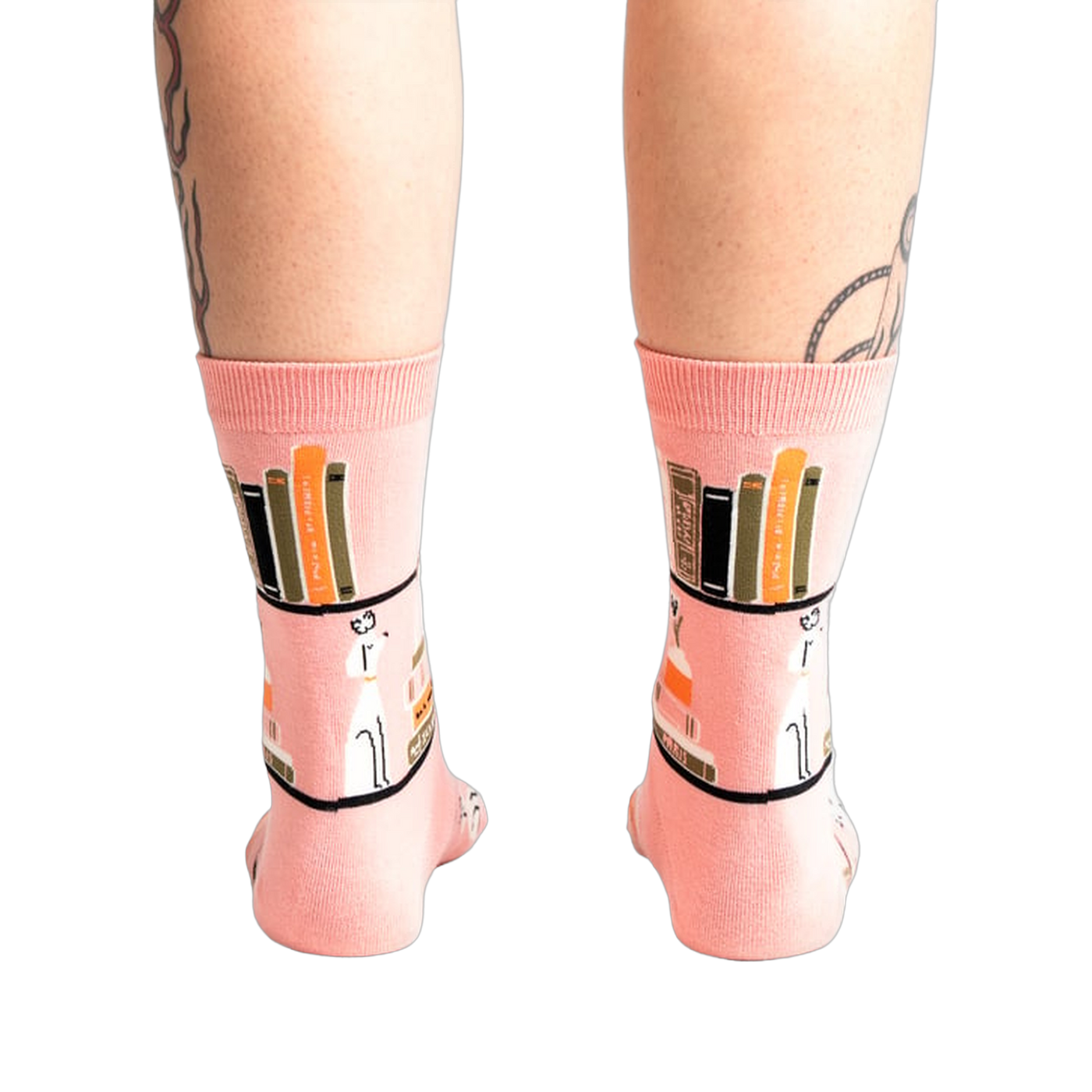 Rear view of the 'A Novel Idea' socks on a model's legs.
