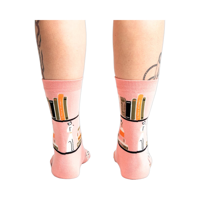 Rear view of the 'A Novel Idea' socks on a model's legs.