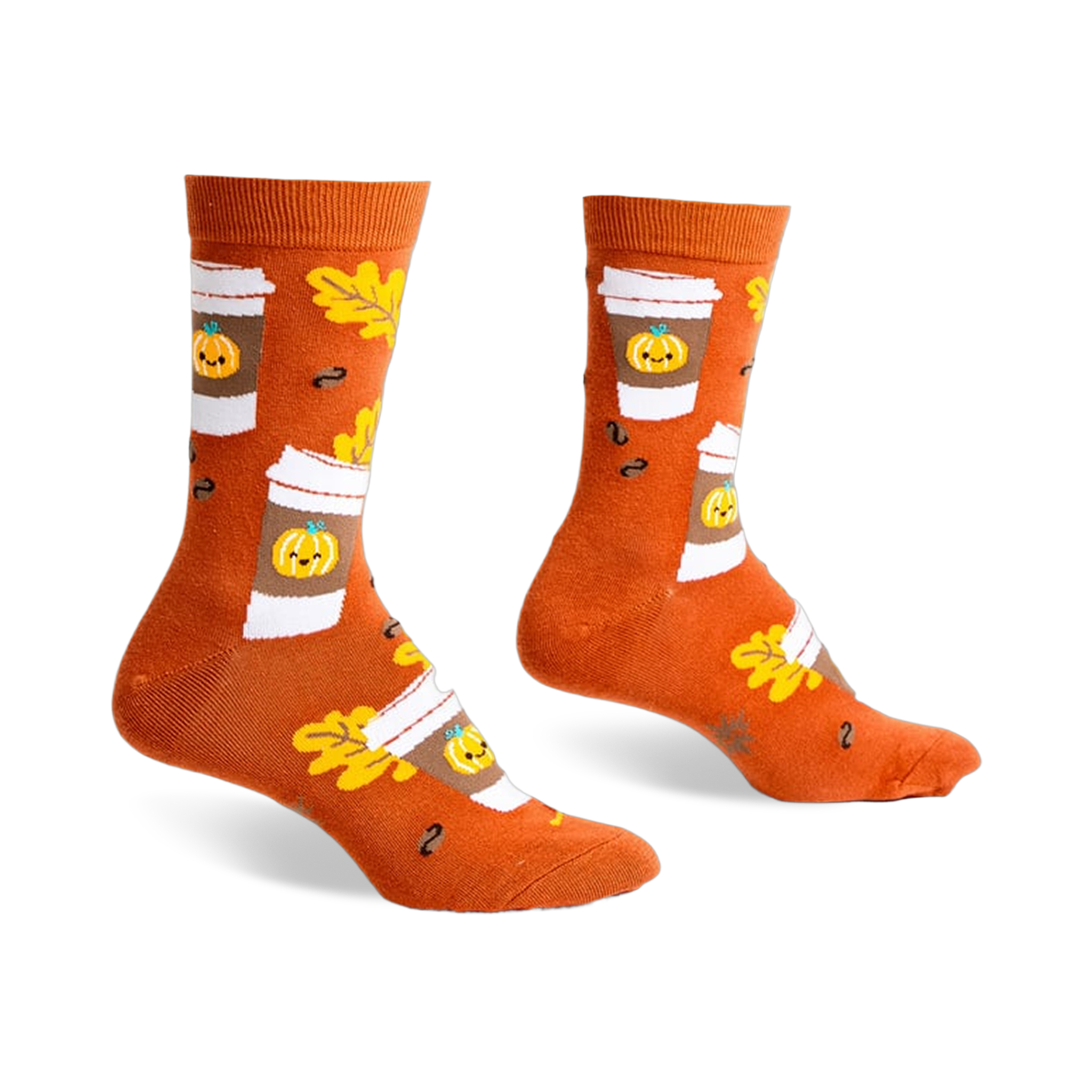 Pair of crew socks in burnt orange featuring a pattern of pumpkin spice latte cups, autumn leaves, and coffee beans.