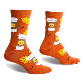 front view of a pair of orange socks with a pumpkin spice latte pattern.