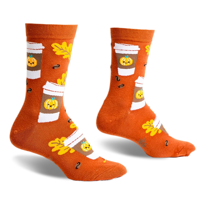 front view of a pair of orange socks with a pumpkin spice latte pattern.