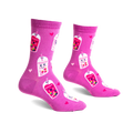 Pair of pink crew socks with a fun boba tea design. Features pink boba cups with happy faces, small hearts, and some tiny bees.