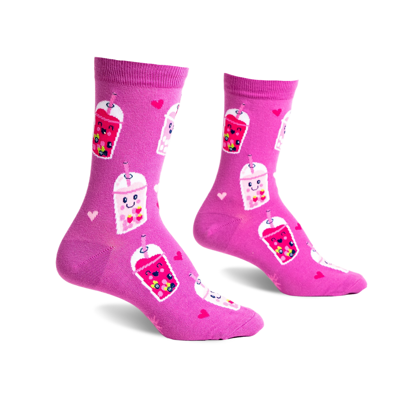 Pair of pink crew socks with a fun boba tea design. Features pink boba cups with happy faces, small hearts, and some tiny bees.