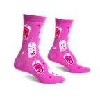 Pair of pink crew socks with a fun boba tea design. Features pink boba cups with happy faces, small hearts, and some tiny bees.