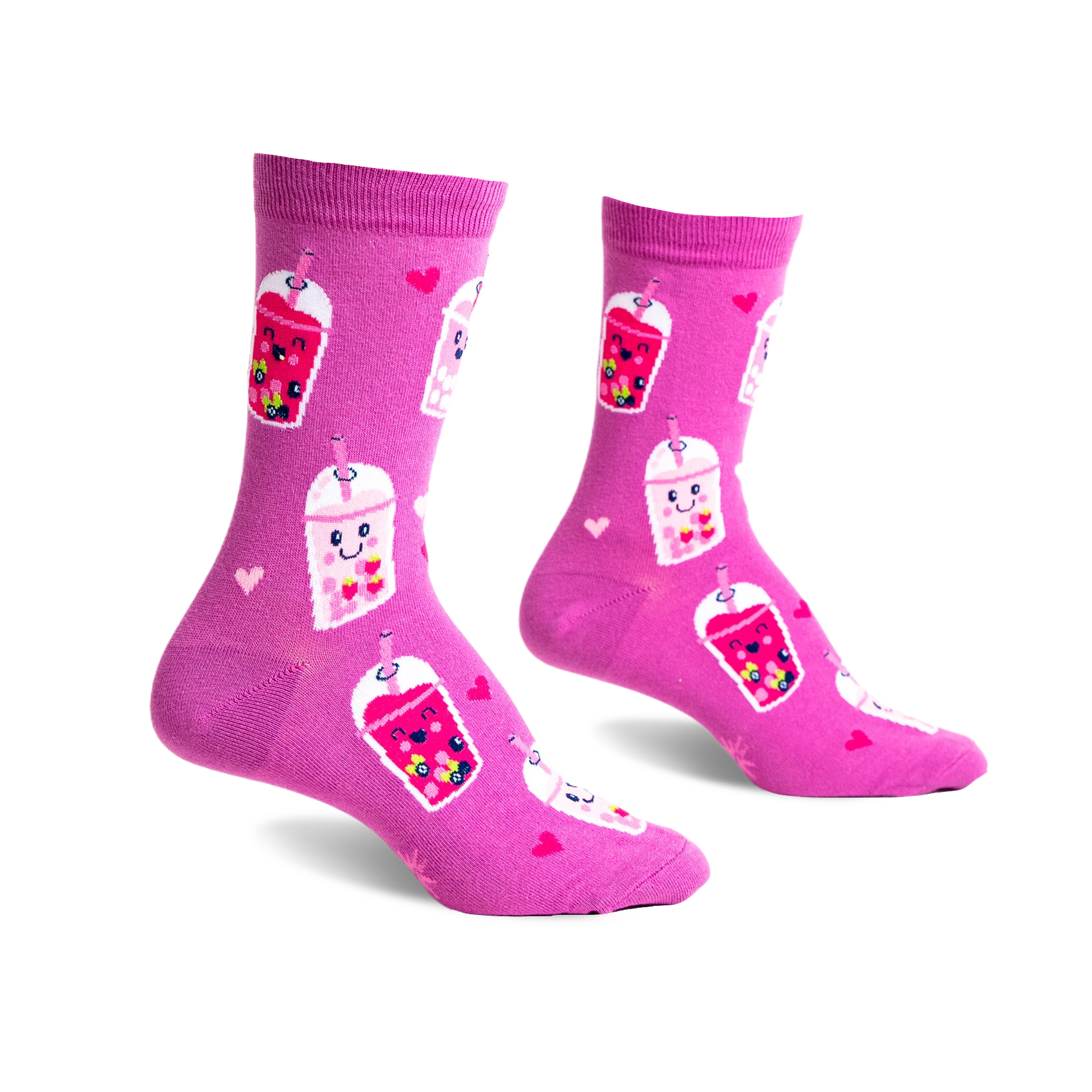 Pair of pink crew socks with a fun boba tea design. Features pink boba cups with happy faces, small hearts, and some tiny bees.