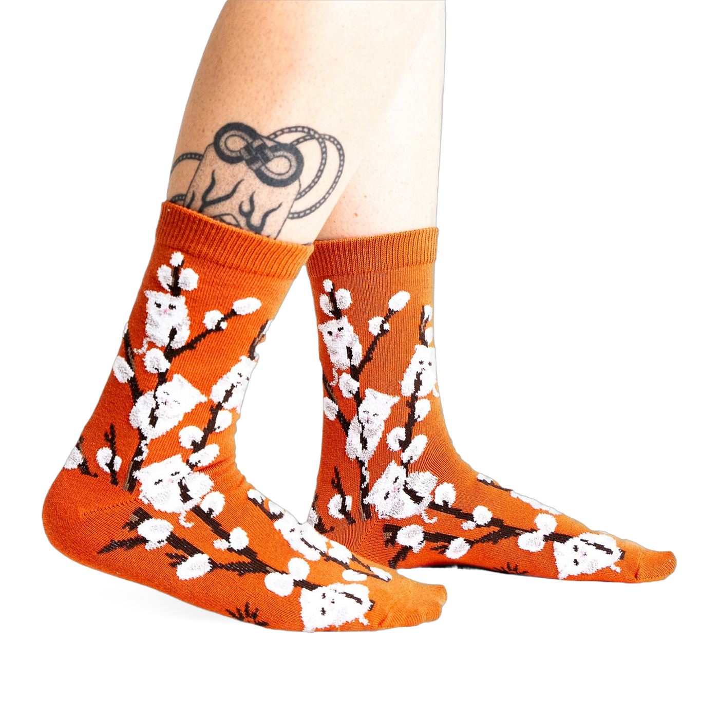 Lifestyle shot of the Kitten Willow socks on a model's legs, showing how they look when worn.