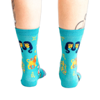 Back view of the teal zodiac socks, showcasing the design's full coverage.