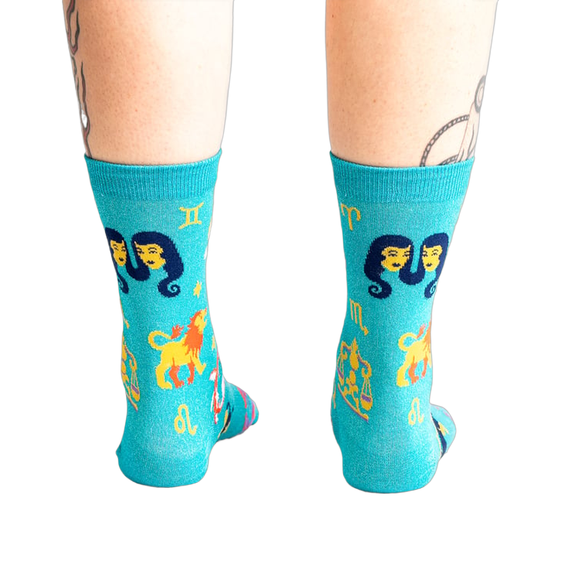 Back view of the teal zodiac socks, showcasing the design's full coverage.