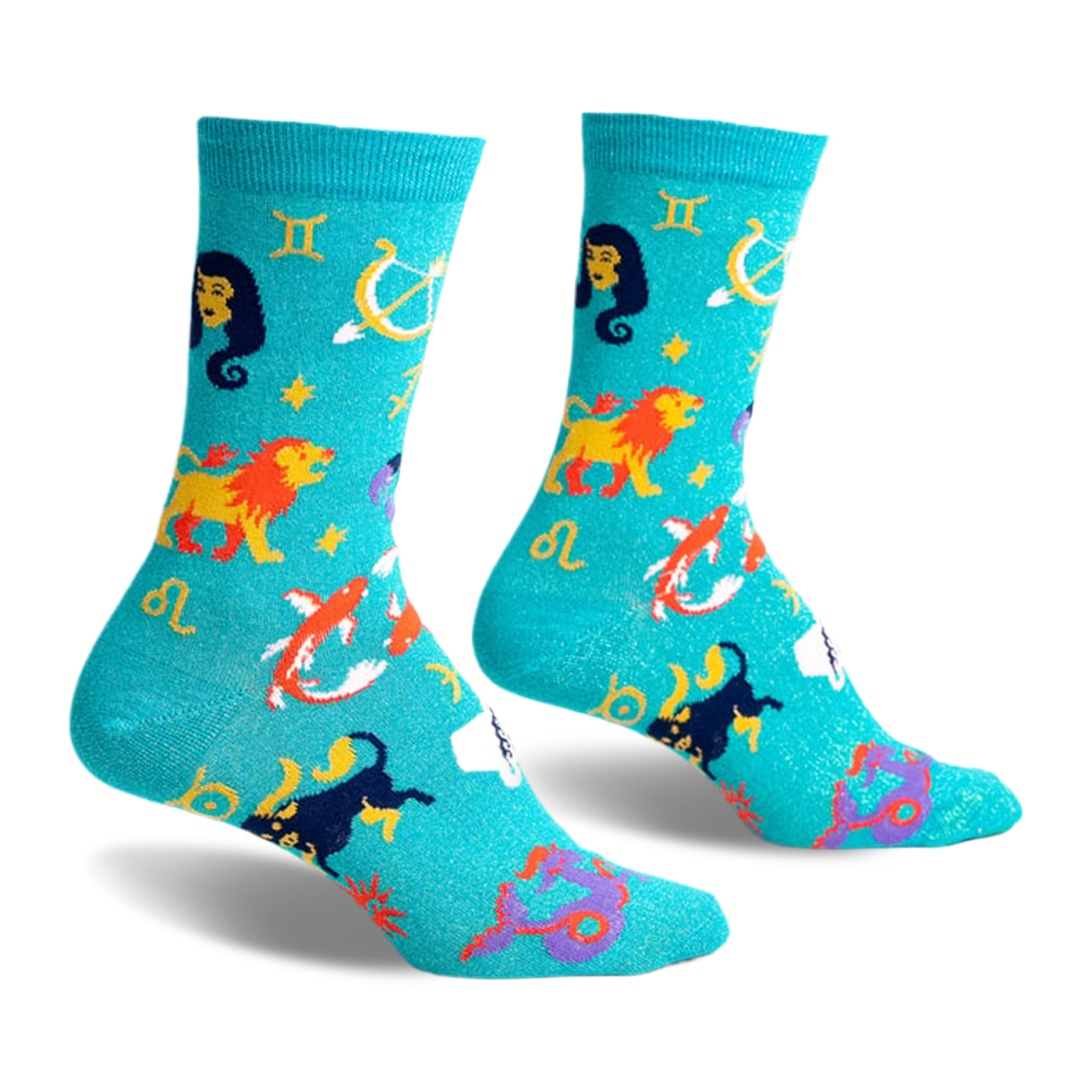 Teal crew socks with a whimsical zodiac design.  Features all 12 astrological signs and symbols in gold, purple, and other colors on a shimmering teal background.