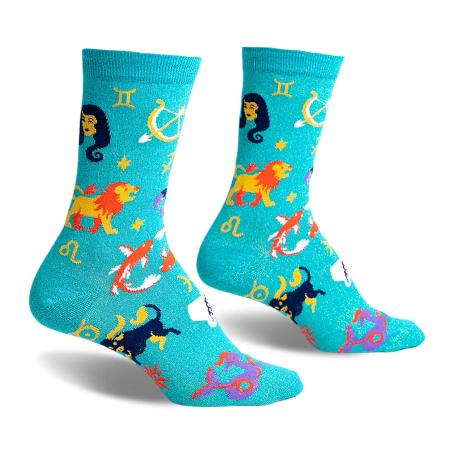 Teal crew socks with a whimsical zodiac design.  Features all 12 astrological signs and symbols in gold, purple, and other colors on a shimmering teal background.
