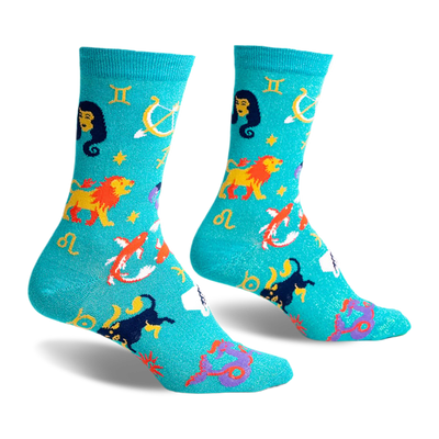 front view of a pair of teal blue socks with zodiac symbols. the socks have a glitter finish.  the socks feature a yellow lion, a purple scorpion, a pink fish, a white fish, a yellow archer and a blue and yellow gemini symbol on them.  the socks have a yellow "leo" symbol on them. the socks also have a white star and small yellow stars on them.