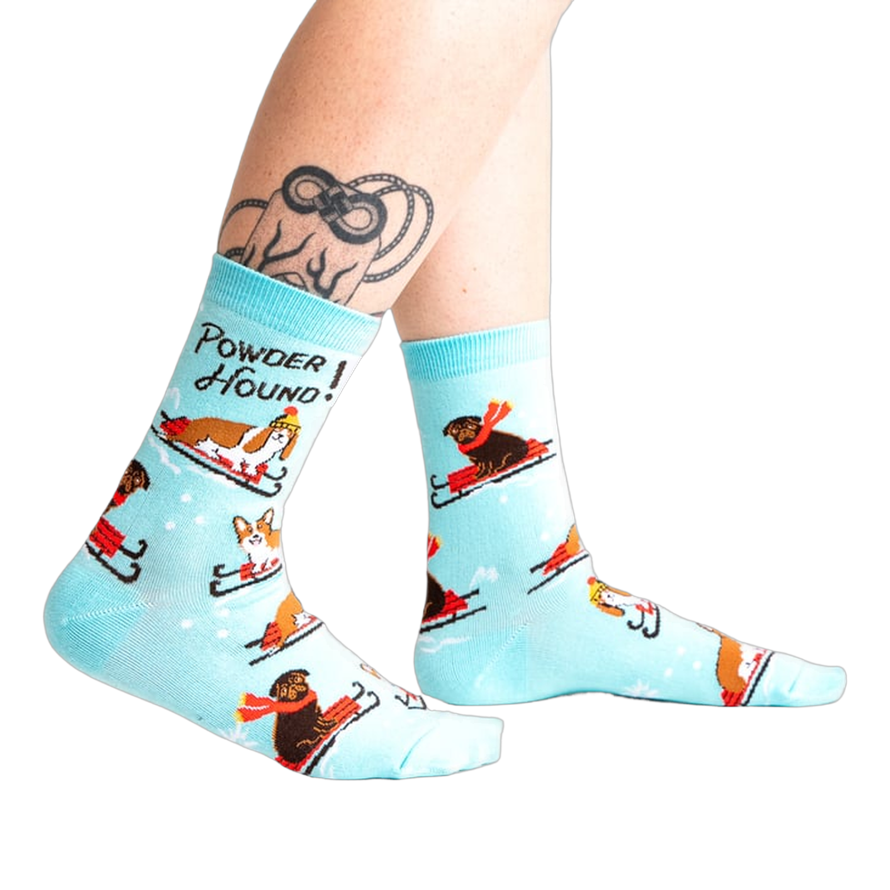 Lifestyle shot of Powder Hound socks on a person's legs, showing the socks' fit and style.