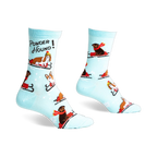 Crew socks in light blue featuring dogs sledding and the text 'Powder Hound'.
