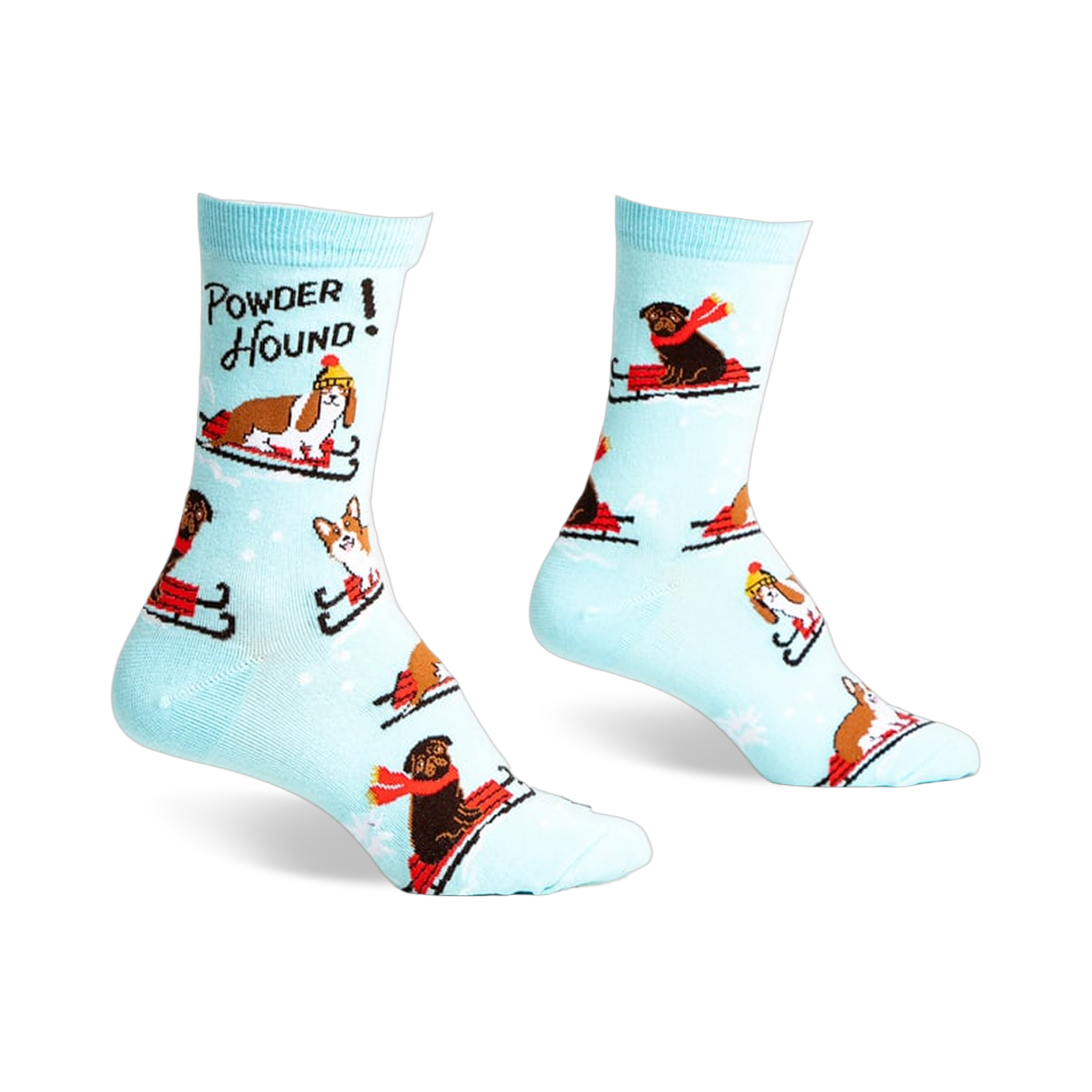 Crew socks in light blue featuring dogs sledding and the text 'Powder Hound'.