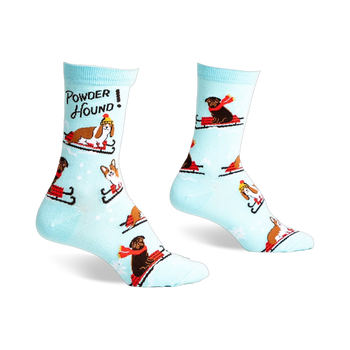 Crew socks in light blue featuring dogs sledding and the text 'Powder Hound'.