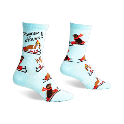 Crew socks in light blue featuring dogs sledding and the text 'Powder Hound'.