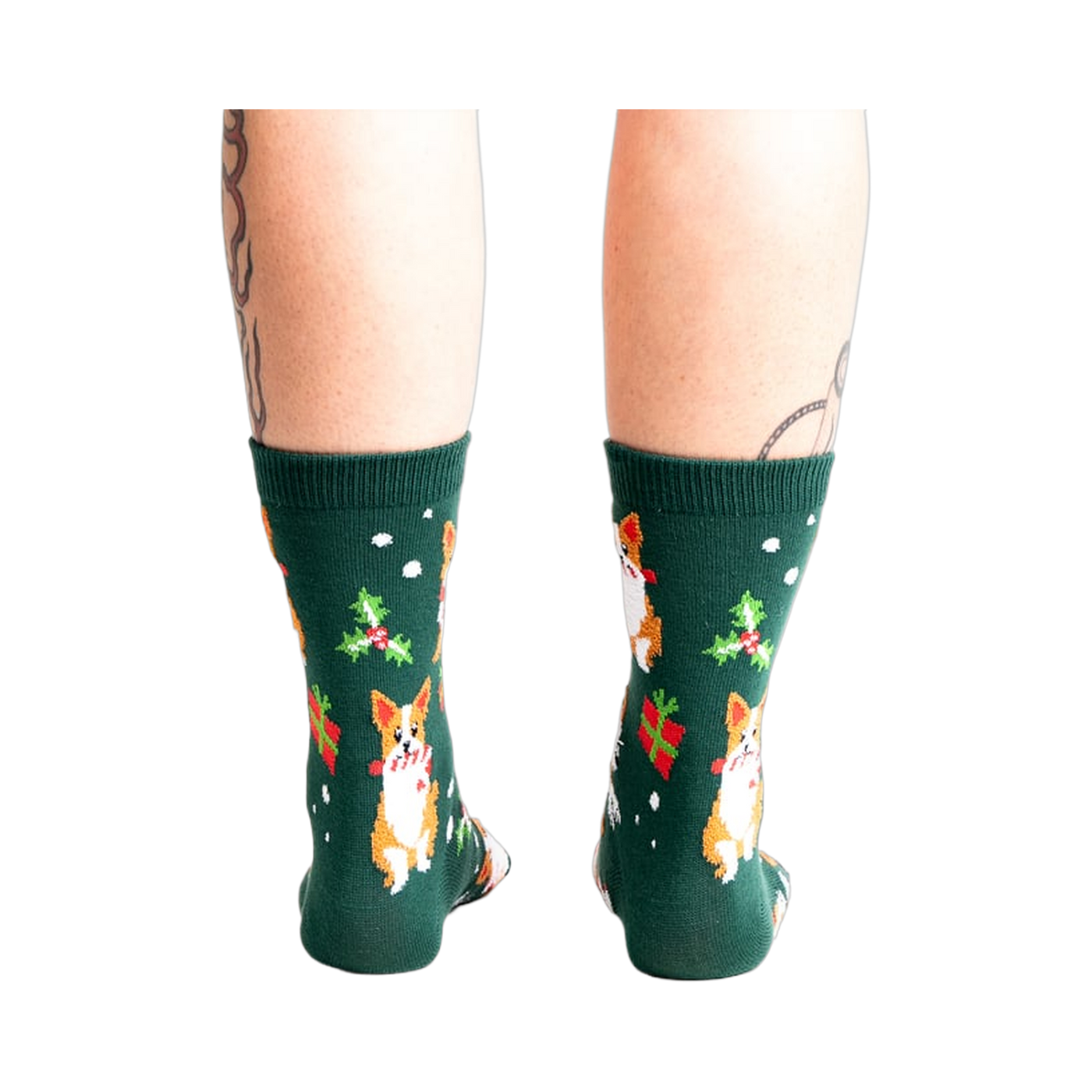 Back view of the socks on a person's legs.