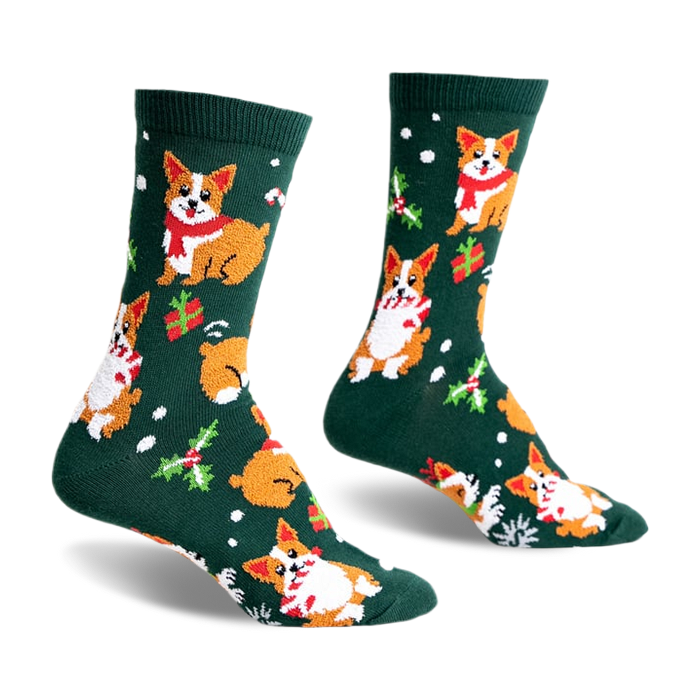 Green crew socks with a repeating pattern of Corgis wearing candy cane scarves, surrounded by presents and holly.
