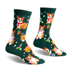 Green crew socks with a repeating pattern of Corgis wearing candy cane scarves, surrounded by presents and holly.