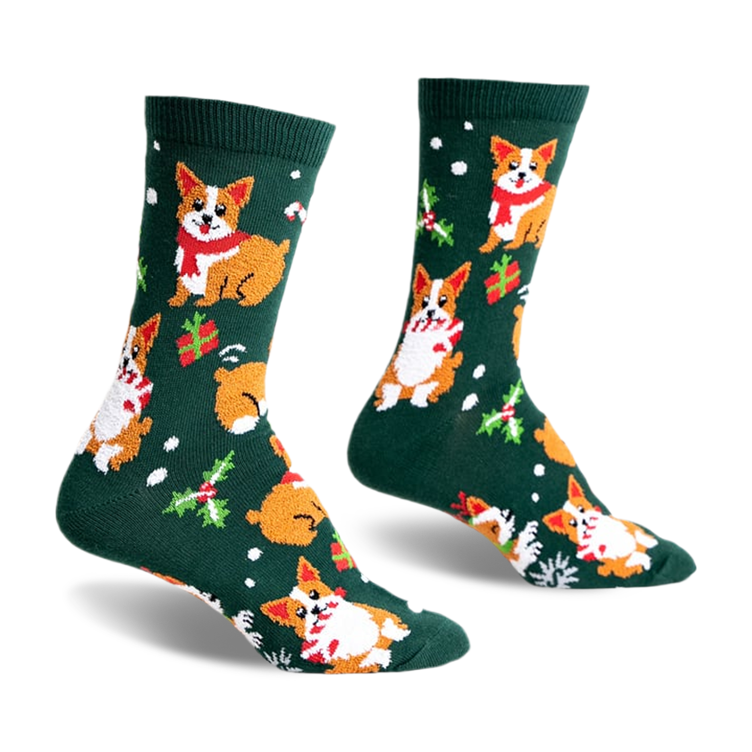 Green crew socks with a repeating pattern of Corgis wearing candy cane scarves, surrounded by presents and holly.