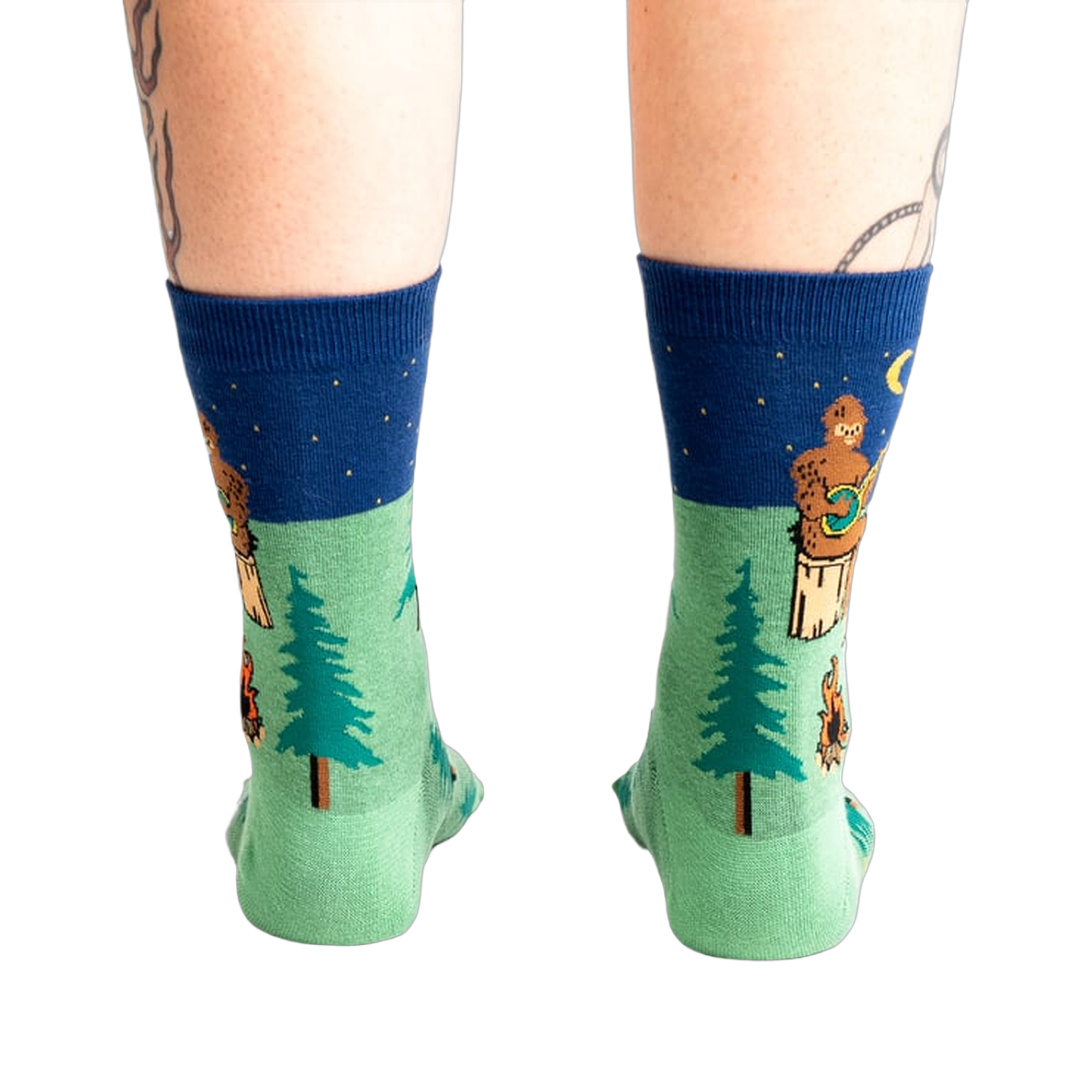 Rear view of the Sasquatch Campout socks on a model's legs.