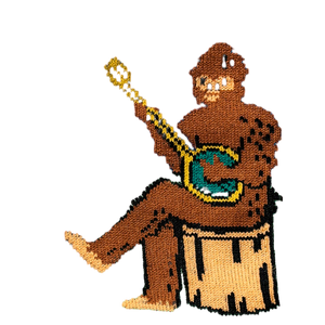 Close-up detail shot showcasing the Bigfoot playing a banjo on the Sasquatch Campout socks.