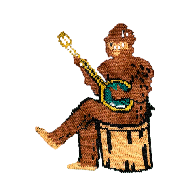 Close-up detail shot showcasing the Bigfoot playing a banjo on the Sasquatch Campout socks.