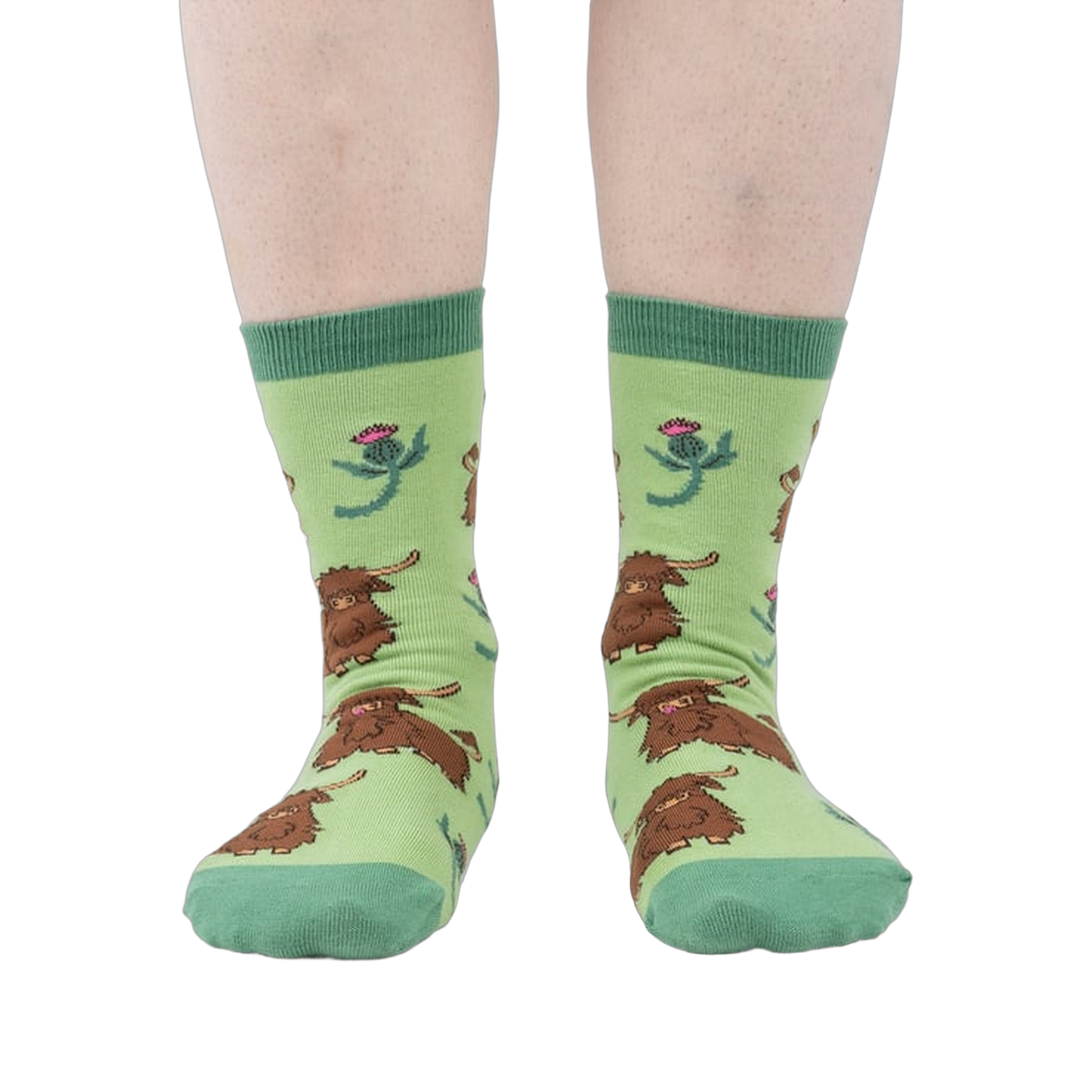 Front view of the socks on a person's feet, showcasing the overall design and color combination.