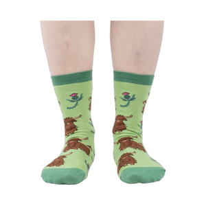 Front view of the socks on a person's feet, showcasing the overall design and color combination.
