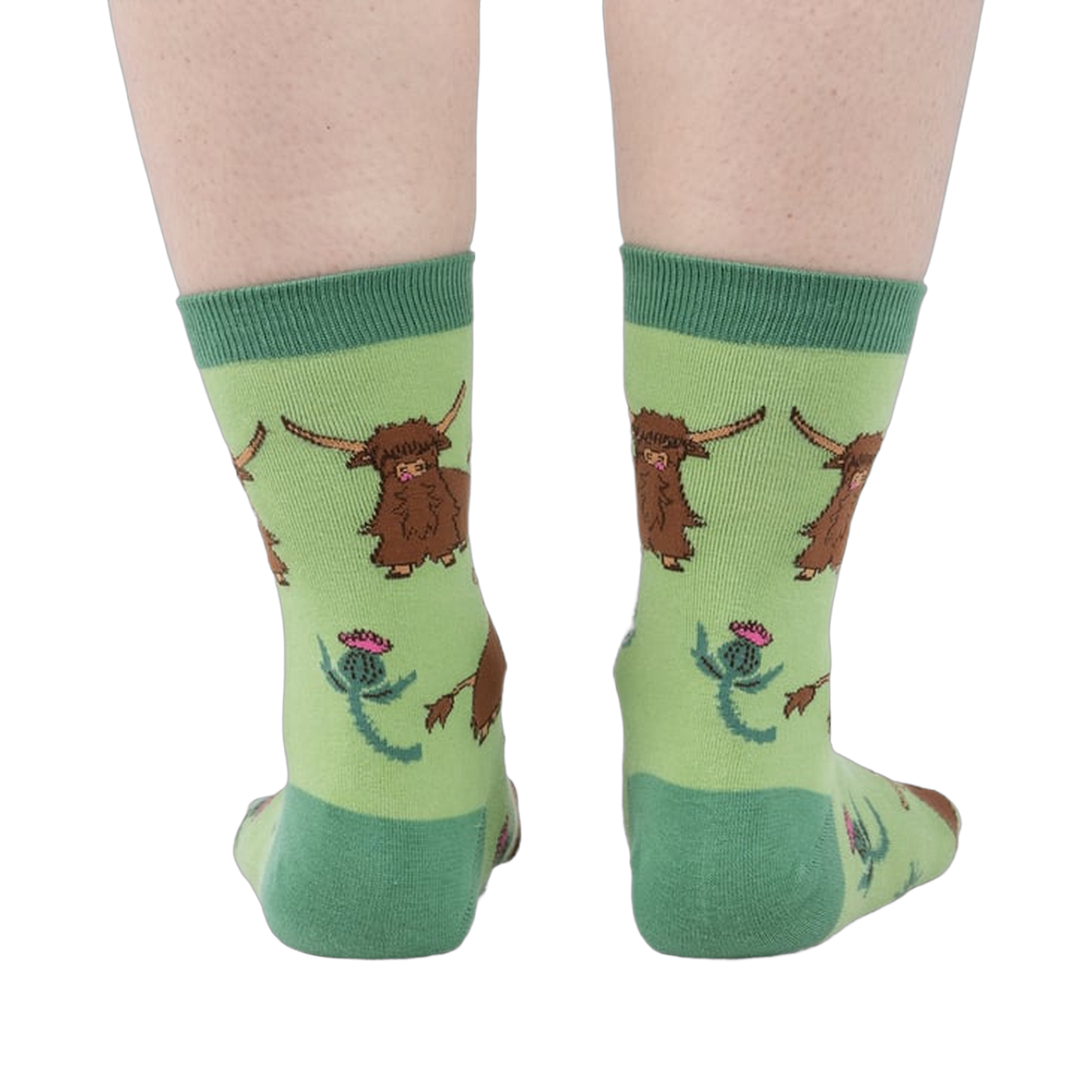 Rear view of the socks on a person's feet, giving a full view of the pattern.