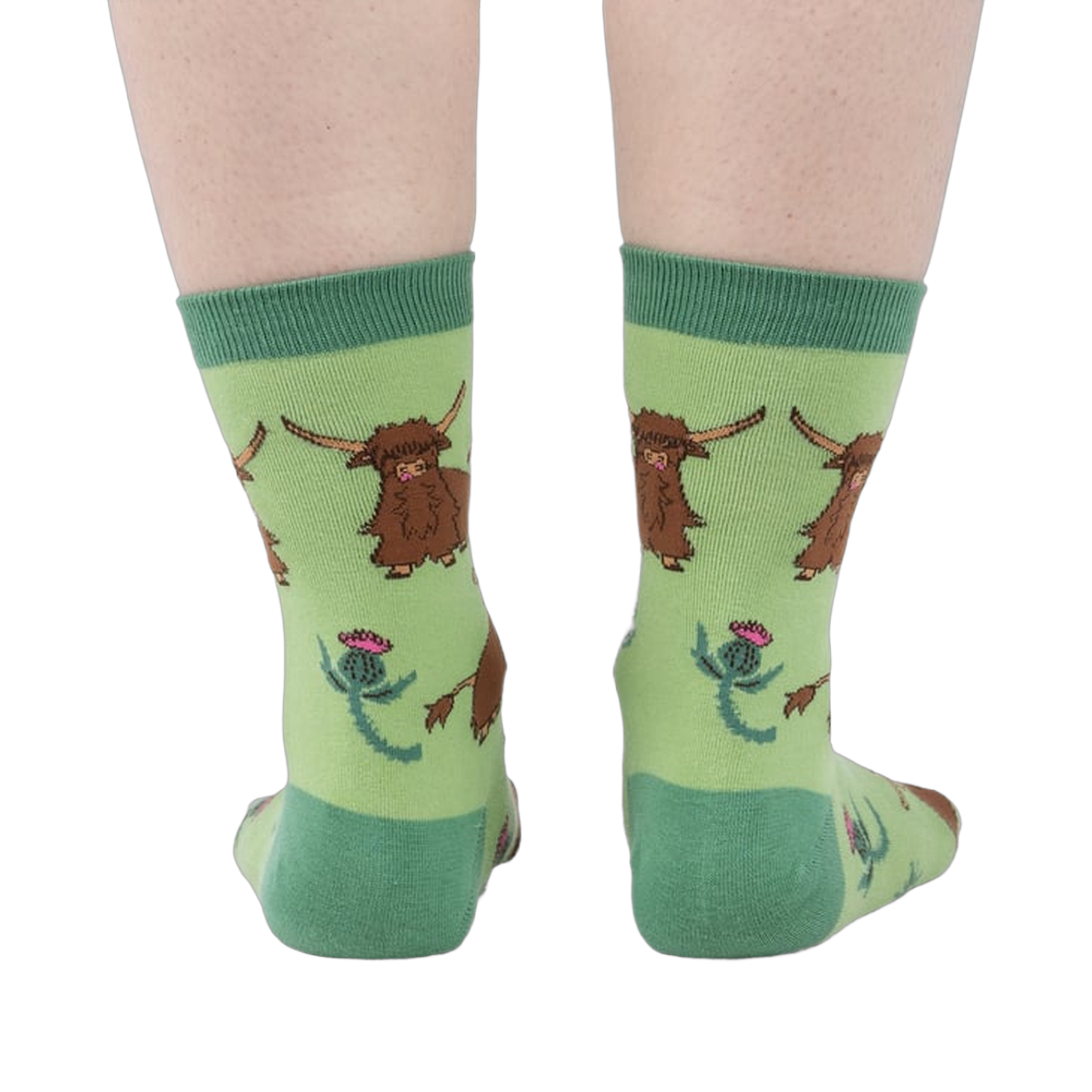 Rear view of the socks on a person's feet, giving a full view of the pattern.