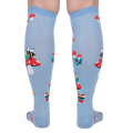 Rear view of the socks on a person's legs, highlighting the back pattern and design.