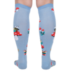 Rear view of the socks on a person's legs, highlighting the back pattern and design.