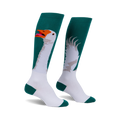 Pair of teal and white knee-high socks with a comical goose design. One sock shows the goose's head and neck; the other, its wings.