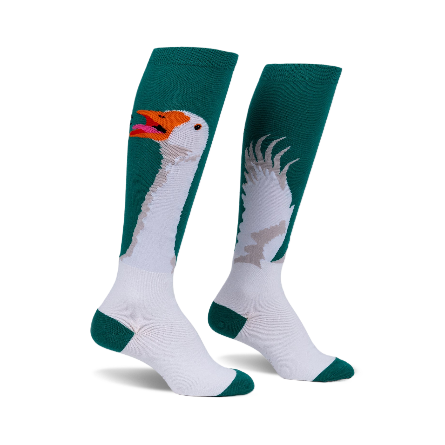 Pair of teal and white knee-high socks with a comical goose design. One sock shows the goose's head and neck; the other, its wings.