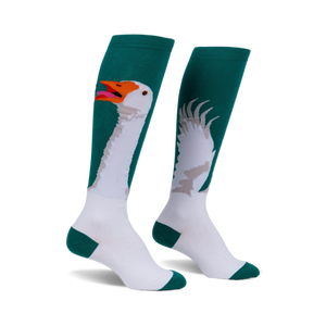 Pair of teal and white knee-high socks with a comical goose design. One sock shows the goose's head and neck; the other, its wings.