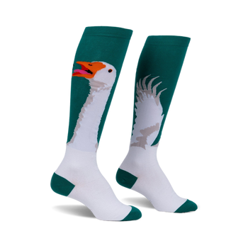 Pair of teal and white knee-high socks with a comical goose design. One sock shows the goose's head and neck; the other, its wings.