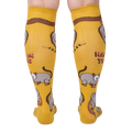 Rear view of mustard yellow knee-high socks showcasing the full possum pattern.