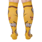 Rear view of mustard yellow knee-high socks showcasing the full possum pattern.