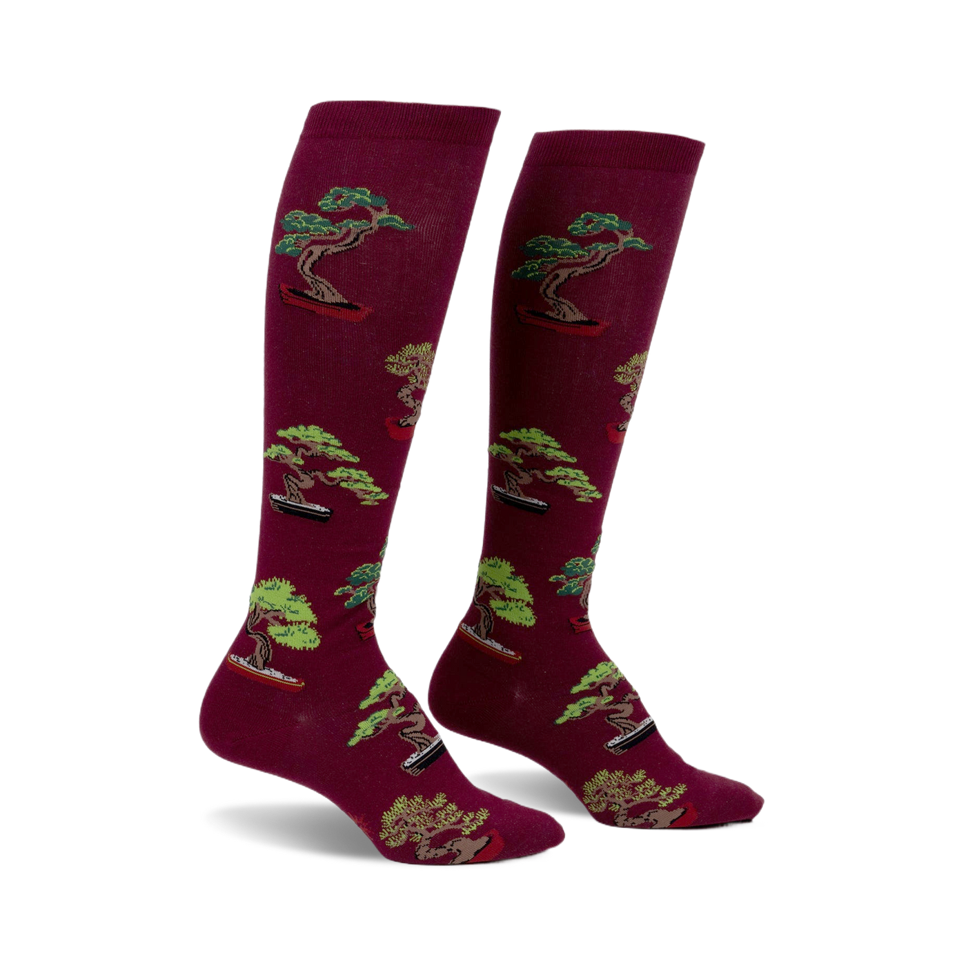Pair of burgundy knee-high socks with a repeating pattern of green bonsai trees in terracotta pots.