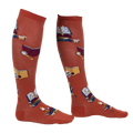 Lifestyle shot: Person wearing burnt orange True Crime knee-high socks.